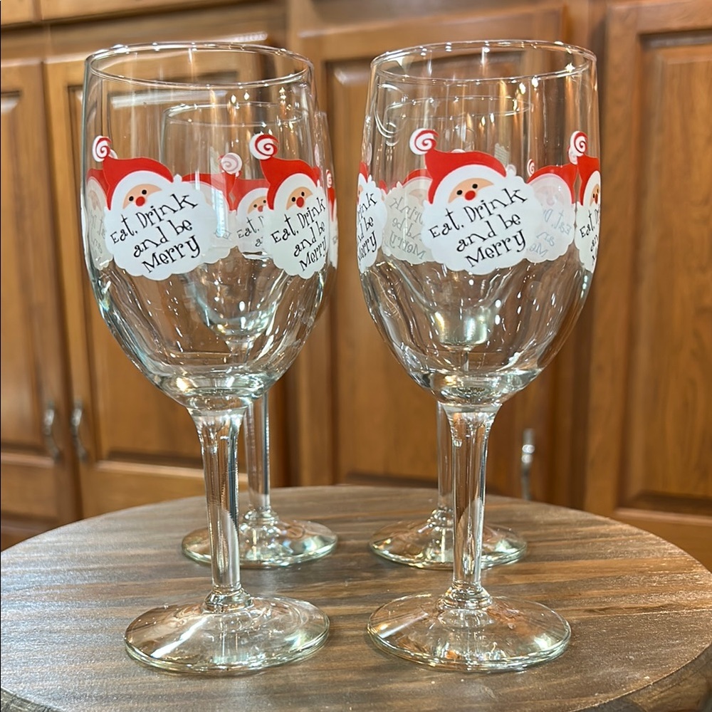 Festive Santa Eat Drink & Be Merry 8oz. Wine Beverage Drinking Glasses Set of 4
